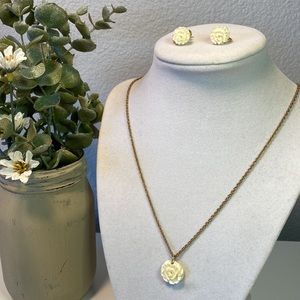 VTG Carved White Rose 12k GF Charles Reis CR Co. Screw Back Earrings & Necklace